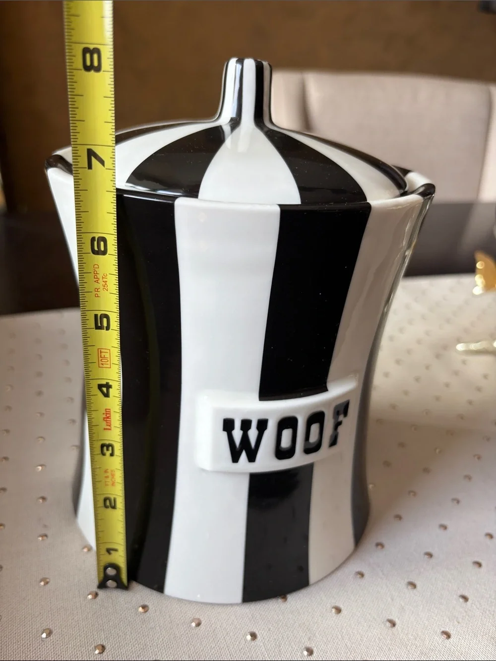 Jonathan Adler Black & White Striped Ceramic Canister - 'WOOF' Accent